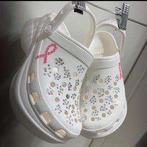 White breast cancer bling crocs